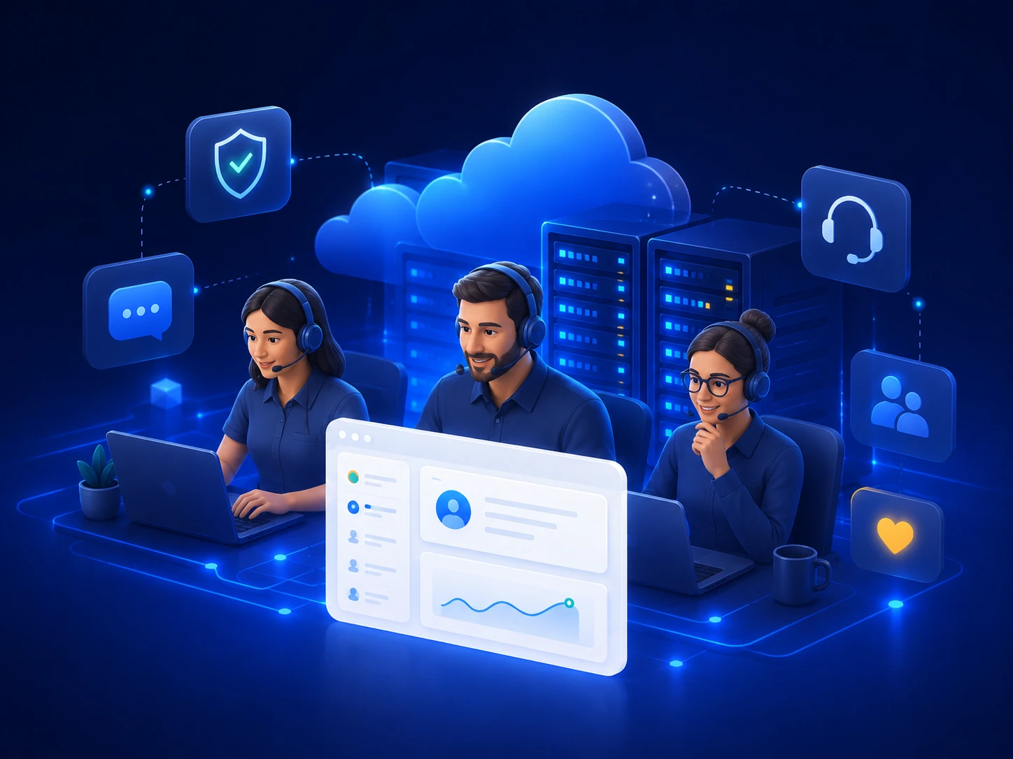 Quiénes somos 10 Ilustración premium de equipo técnico cercano y soporte de hosting y cloud de Zerua Cloud