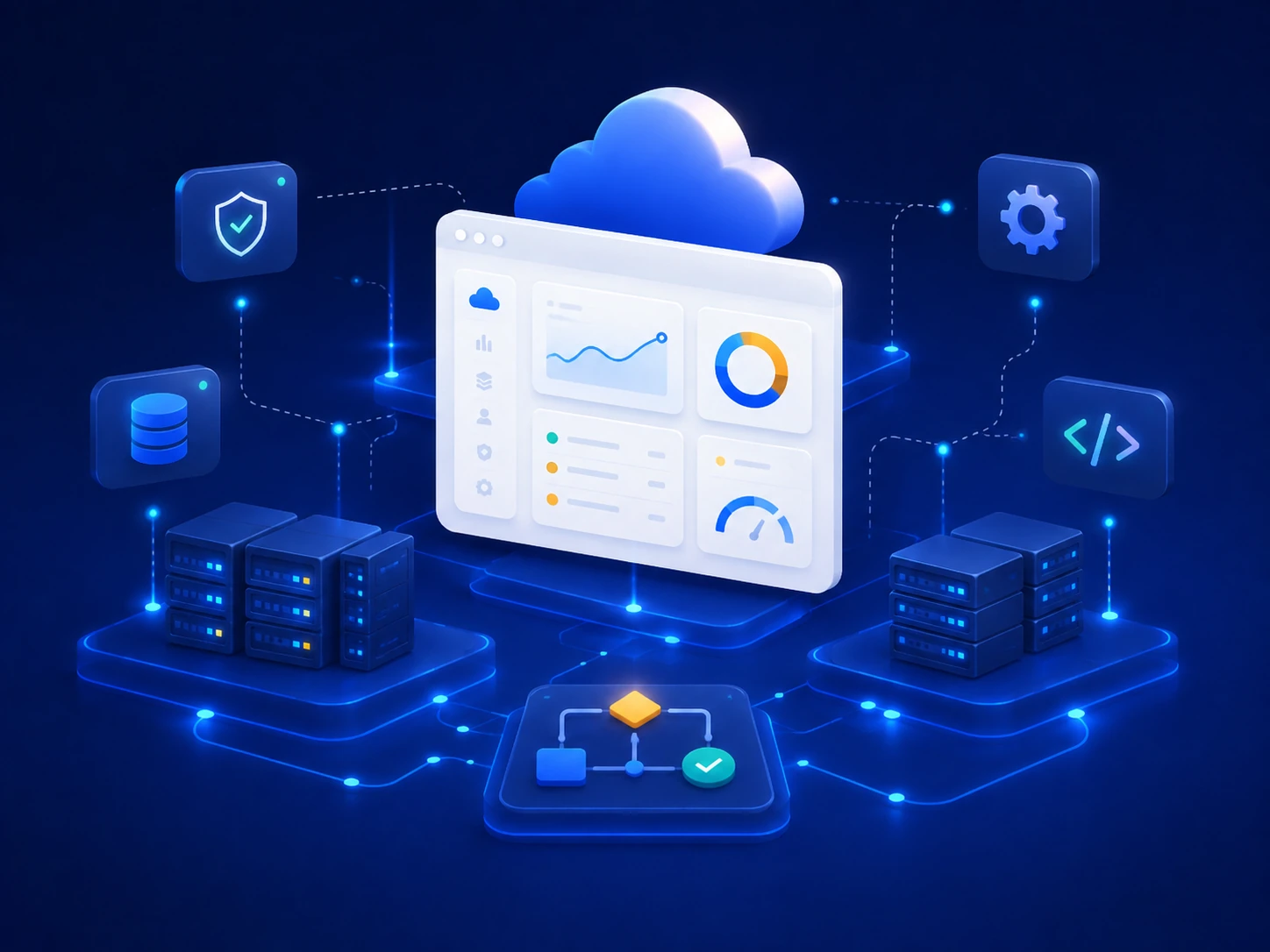 Servidores virtuales 18 Ilustración premium de infraestructura cloud gestionada, servidores, automatización y monitorización