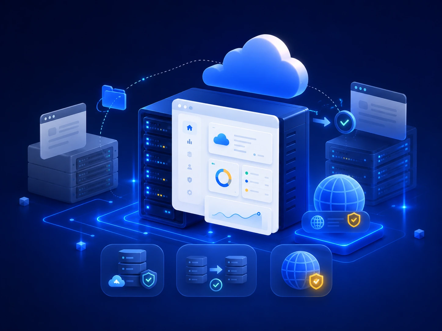 Migrar hosting 14 Ilustración premium del proceso de migración de hosting, web, datos y dominio