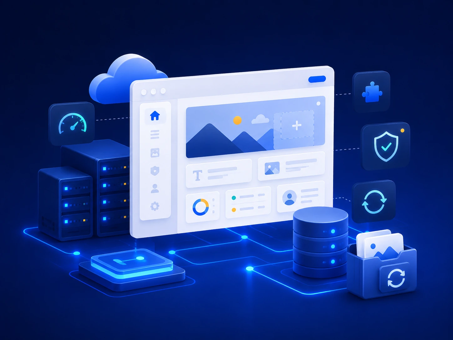 Hosting WordPress 14 Ilustración premium de hosting WordPress optimizado, seguro y preparado para rendimiento